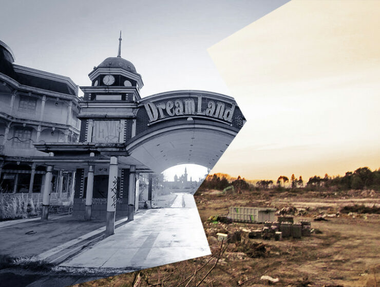 Collage picture of the entrance to Nara Dreamland, Japan's amusement park, made of photographs by Victor Habchy (before demolition) and Ivan Kralj (after demolition)