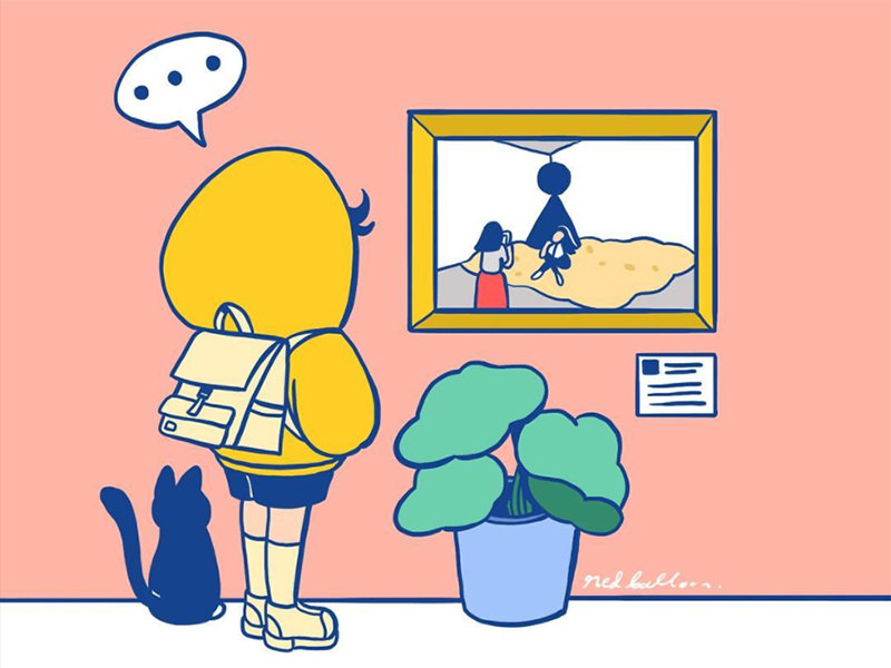 Rainbow Capsule is the Instagram username of Adhimyr Rifky Rahman Putra, the illustrator who draw a girl and a cat in the gallery looking into the framed picture of the Selfie Girls that made Pipeaway's headlines due to making selfies in Galeri Nasional Indonesia, while running over the exhibits, copyright by Adhimyr Rifky Rahman Putra, Rainbow Capsule