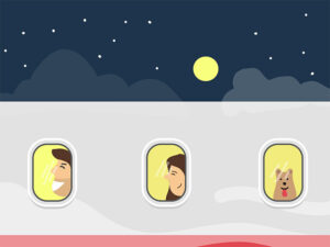 Plane windows during the night, with a man behind the first window, a woman behind a second one, and a dog sitting in the last row plane seat, graphics by vecteezy.com