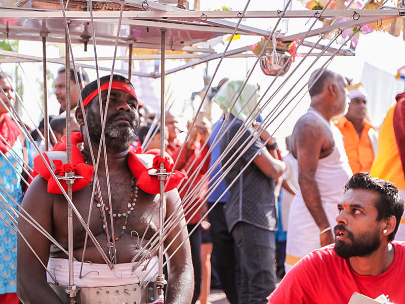 Photograph of a Thaipusam pilgrim wearing a Kavadi, a portable altar at Thaipusam - the structure is worn on his shoulders while the skewers are pressing the bearer's torso, photo by Ivan Kralj