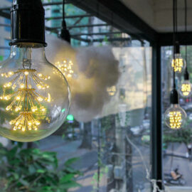 Photo of the lightbulbs in the mezzanine of The Laban hotel, one of them "dressed" in a cotton wool resembling a cloud, photo by Ivan Kralj
