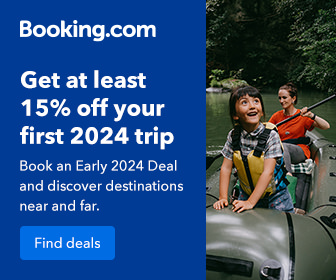 Web banner for Booking.com's promotion of Early Deals 2024 that enables booking accommodation with 15% discount.