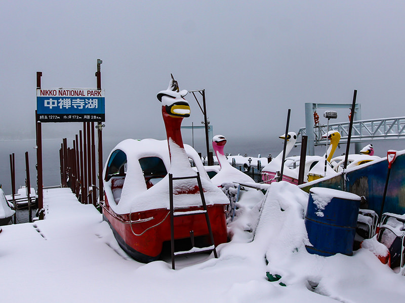 Snow-covered swan-shaped pedal boats at the shore of the Chuzenji Lake, Japan, photo by Ivan Kralj
