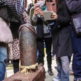 Penis-shaped anvil being photographed by the visitors at Kanayama Shrine in Kawasaki, Japan, during the Kanamara Matsuru, festival of the iron penis, photo by Ivan Kralj