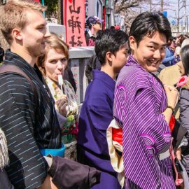 Group of friends posing with penis and vagina shaped lollipops at Kanamara Matsuru, festival of the iron penis, in Kawasaki, Japan, photo by Ivan Kralj