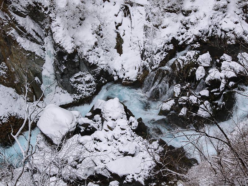 Kegon Falls' water making its way through the snowy surrounding, birds eye perspective, Japan, photo by Ivan Kralj