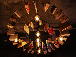 Chandelier made of books in Book and Bed hostel in Tokyo, Japan, photo by Ivan Kralj.