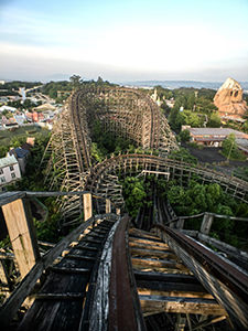 Wooden rollercoaste Aska at former amusement park Nara Dreamland, in Nara, Japan, photo by Gareth Pon.