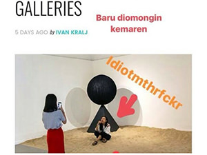 Someone's Instagram story pointing at the picture of the Selfie Girls from Galeri Nasional Indonesia with an arrow and message "idiotmthrfckr". The girls have upseted a part of the public with reckless photographing of selfies in Galeri Nasional Indonesia