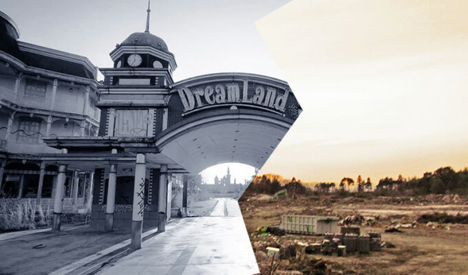 Collage picture of the entrance to Nara Dreamland, Japan's amusement park, made of photographs by Victor Habchy (before demolition) and Ivan Kralj (after demolition)