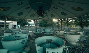 Tea party cup ride attraction in the abandoned amusement park Nara Dreamland, photo by Victor Habchy.