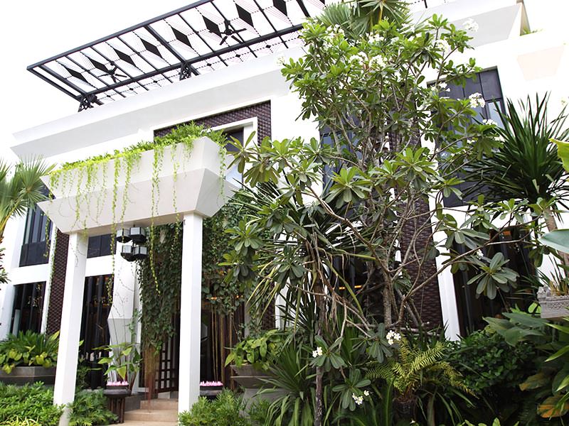 Jaya House River Park hotel entrance covered with greenery, in Siem Reap, Cambodia, photo by Ivan Kralj