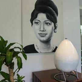 Egg for refilling the water bottle and art deco picture at Jaya House River Park hotel lobby, in Siem Reap, Cambodia, photo by Ivan Kralj