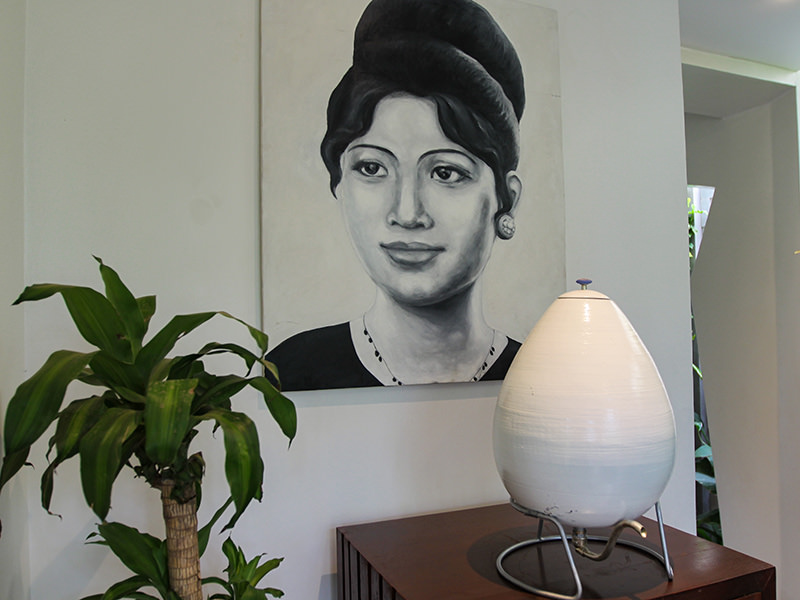 Egg for refilling the water bottle and art deco picture at Jaya House River Park hotel lobby, in Siem Reap, Cambodia, photo by Ivan Kralj