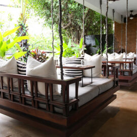 Swinging chair at the restaurant of Jaya House River Park hotel, in Siem Reap, Cambodia, photo by Ivan Kralj