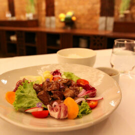 Beef Lok Lak served for dinner at the restaurant of Jaya House River Park hotel, in Siem Reap, Cambodia, photo by Ivan Kralj