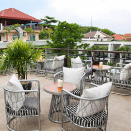 Jaya House River Park hotel terrace with chairs, in Siem Reap, Cambodia, photo by Ivan Kralj