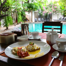 Poached eggs and bacon breakfast at Rambutan Resort Siem Reap, Cambodia, photo by Ivan Kralj