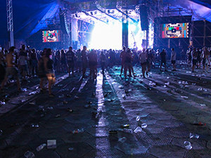 A38 stage audience space at Sziget Festival 2017 in Budapest, Hungary, the floor is covered with used plastic cups, photo by Ivan Kralj