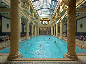 Swimming pool in Gellert Baths, one of Budapest's most famous thermal baths and spas