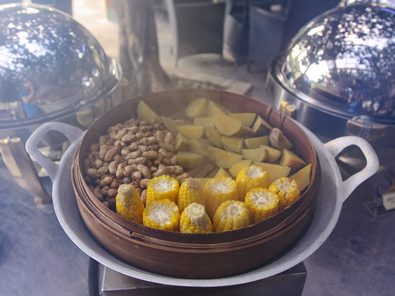 Steamed corn, sweet potato and other vegetables, at Kemangi Bistro restaurant in Hyatt Regency Yogyakarta hotel in Jogjakarta, Indonesia, photo by Ivan Kralj