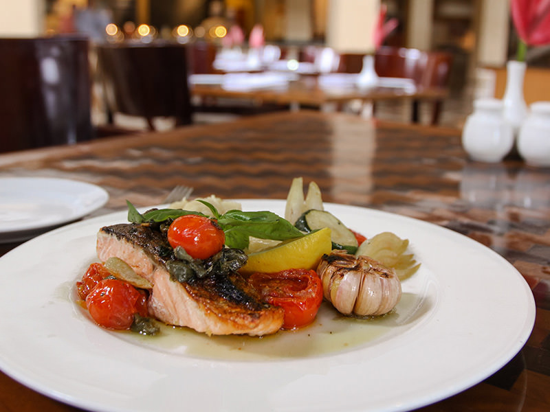 Pan-fried salmon with grilled vegetables at Kemangi Bistro restaurant in Hyatt Regency Yogyakarta hotel in Jogjakarta, Indonesia, photo by Ivan Kralj