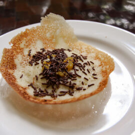 Serabi Solo Indonesian crispy pancakes with chocolate and jackfruit topping, at Kemangi Bistro restaurant in Hyatt Regency Yogyakarta hotel in Jogjakarta, Indonesia, photo by Ivan Kralj