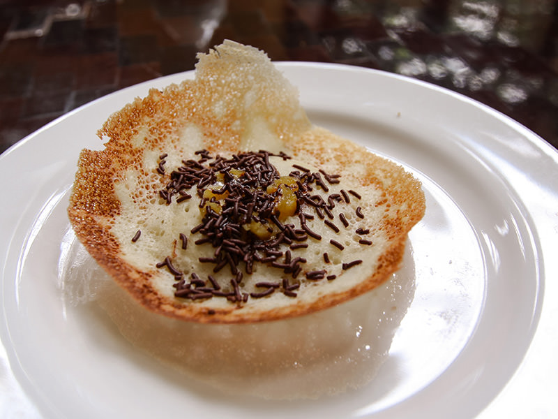 Serabi Solo Indonesian crispy pancakes with chocolate and jackfruit topping, at Kemangi Bistro restaurant in Hyatt Regency Yogyakarta hotel in Jogjakarta, Indonesia, photo by Ivan Kralj
