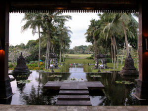 Views from the exterior lobby of Hyatt Regency Yogyakarta hotel in Jogjakarta, Indonesia, with tropical greenery, and pools, photo by Ivan Kralj