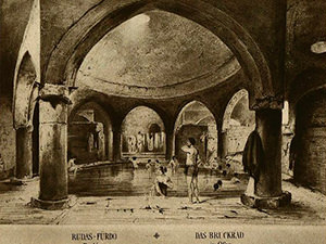 Old drawing of Rudas Baths in Budapest, Hungary