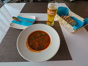 Goulash, homemade bread and beer in Rudas Baths restaurant, all for 3 Euros, in Budapest, Hungary, photo by Ivan Kralj