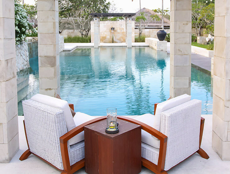 Two armchairs in front of the swimming pool at the Balé resort in Nusa Dua, Bali, Indonesia, photo by Ivan Kralj