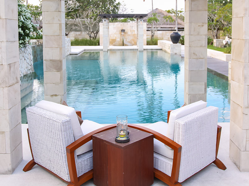 Two white armchairs in front of the swimming at the Balé resort in Nusa Dua, Bali, Indonesia, photo by Ivan Kralj