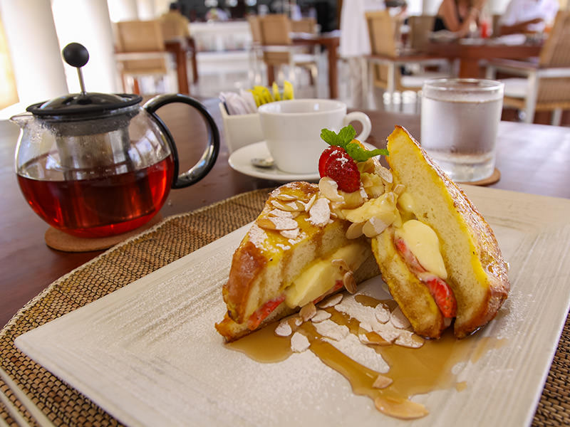 French toast a la Balé, with mascarpone, strawberries and maple syrup, at Faces restaurant in Balé, perfect breakfast for Bali honeymoon breakfast, Indonesia, photo by Ivan Kralj