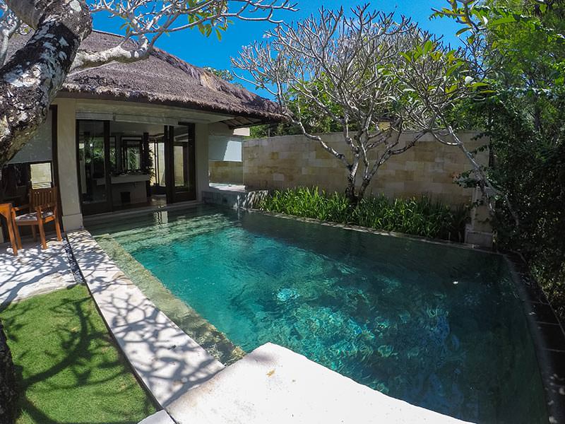 Private swimming pool with stairs leading to it directly from the bathroom of the villa pavilion in the Balé resort, in Nusa Dua, Bali, Indonesia - great idea for Bali honeymoon, photo by Ivan Kralj
