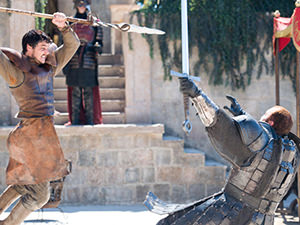 Screenshot from the battle of Prince Oberyn and The Mountain in HBO series "Game of Thrones"