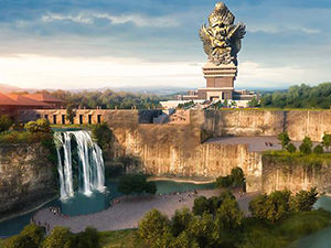 The drawing of the final GWK Bali product - landscape dominated by the waterfall and the largest statue in the world - Geruda Wisnu Kencana