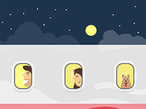 Illustration of people and a dog sitting in the plane and looking throught the windows, graphics by vecteezy