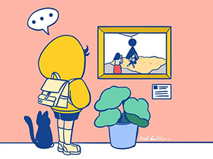 The illustration of the "Selfie Girls" article on Pipeaway, viral writing on two girls who physically interacted with exhibits in Galeri Nasional Indonesia in Jakarta for the sake of social media exposure, drawing by Rainbow Capsule.