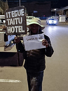 Driver of Itegue Taitu Hotel holding a welcome sign saying "Lveln Kralj", while waiting for Pipeaway blogger Ivan Kralj's arrival at Addis Ababa airport, photo by Ivan Kralj