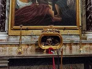 Saint Valentine's skull displayed in the side altar in the Basilica of Santa Maria in Cosmedin, Rome, Italy, photo by Ivan Kralj