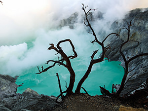 Turquoise blue acidic crater lake of Kawah Ijen Volcano behind the dry trees, with clouds floating through, East Java, Indonesia, photo by Ivan Kralj