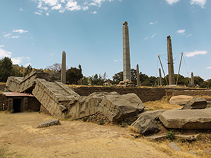 Several obelisks standing in the Northern Stelae Field in Aksum, Ethiopia, while the biggest one, 33 meters in height, fell and broke during the installation, photo by Ivan Kralj