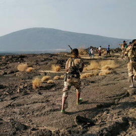 Troops escorting tourists up to Erta Ale.