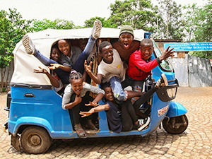 Eight members of the Arba Minch Circus, Ethiopia, squeezed in one bajaj, photo by Ivan Kralj