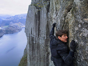 Tom Cruise hanging on the Preikestolen / Pulpit Rock cliff for the purpose of the movie "Mission Impossible: Fallout" (2018)