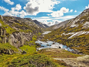 Stream and meadows at Little Stordalen on the way to Kjeragbolten, a famous boulder on Kjerag Mountain, Norway, photo by Ivan Kralj