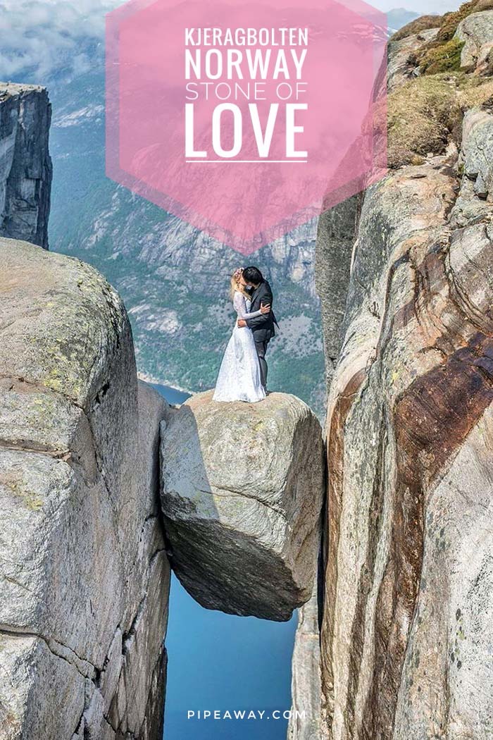 Kjeragbolten is a rock wedged in the crevice of Kjerag Mountain. It is often called Norway's Stone of Love, as the urban legend says that a couple that manages to stand together on Kjeragbolten can count on eternal love. Marta Sibielak and Keow Wee Loong decided to take their wedding photo on the famous Kjerag boulder.