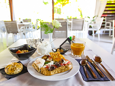Breakfast on the terrace of GKEEA Boutique Hotel in Ierissos, one of the departure ports for visiting Mount Athos monasteries, Greece, photo by Ivan Kralj