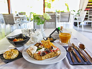 Breakfast on the terrace of GKEEA Boutique Hotel in Ierissos, one of the departure ports for visiting Mount Athos monasteries, Greece, photo by Ivan Kralj